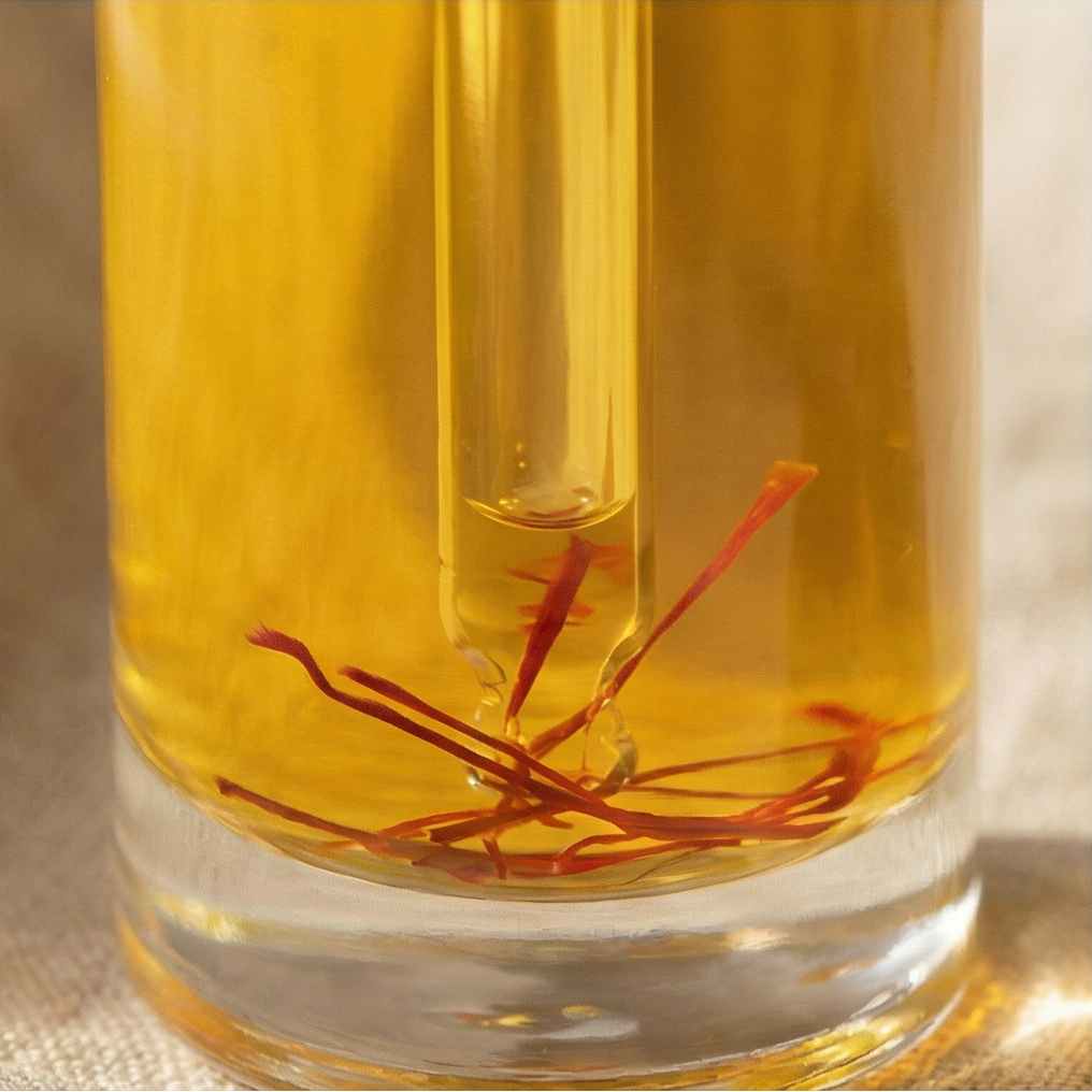 Sérum anti-âge naturel LUMIXIR avec filaments de safran visibles

